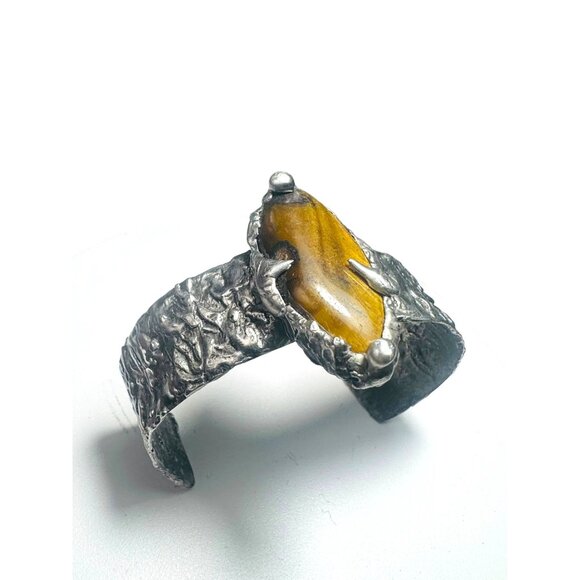 Handcrafted Brutalist Silver Bracelet W Tigers Eye Cabochon Stone Adjustable Fit - Picture 6 of 13